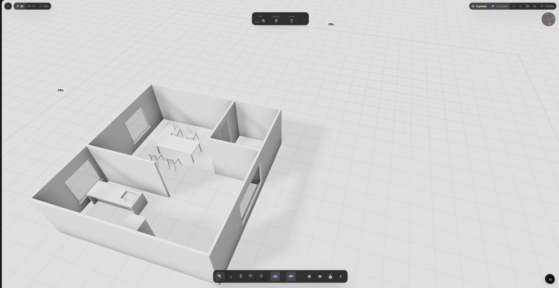 Aedifex free online 3D building editor showing a furnished one-bedroom apartment with interior design, furniture placement, and real-time rendering